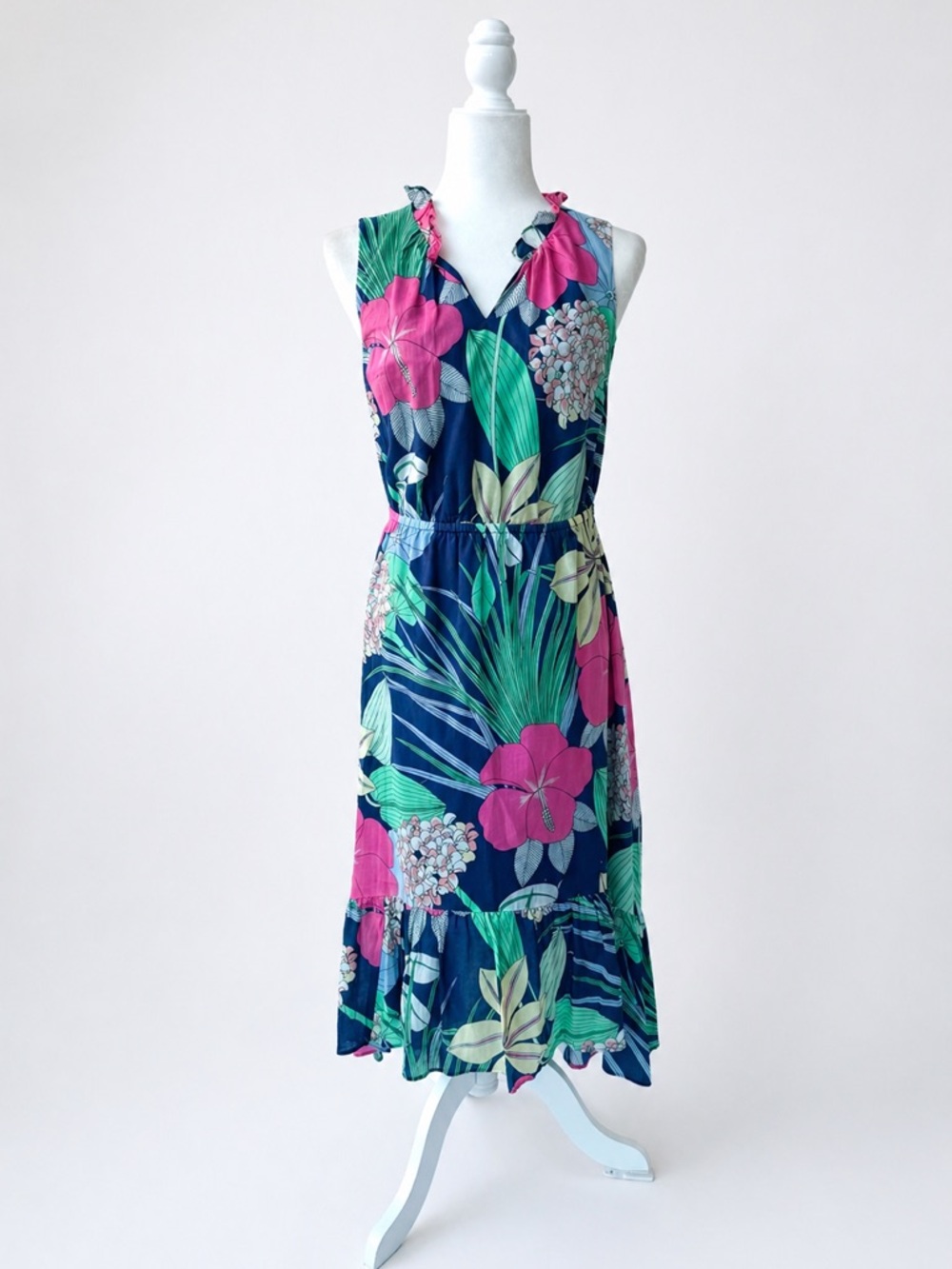 Talbots Navy Floral Midi Dress with Pink & Green Tropical Print